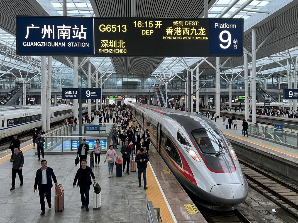Modern high-speed train at Guangzhou South Railway Station with sleek design, passengers boarding, and digital departure boards showing destinations to Hong Kong and Shenzhen