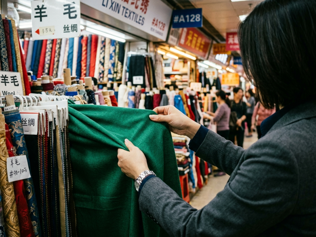 Business professionals examining textile samples at the bustling Changgang wholesale market in Guangzhou, with rows of fabric vendors and quality inspection stations
