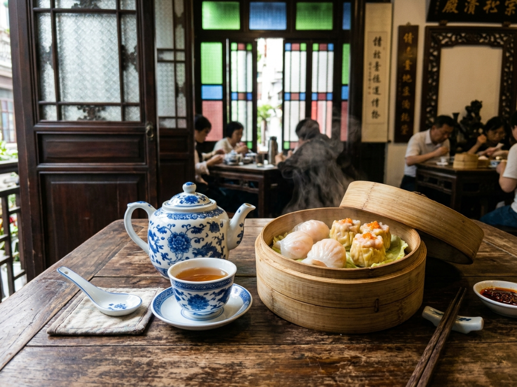 Traditional dim sum spread with har gow, siu mai, and char siu bao served in a historic Guangzhou tea house, accompanied by Chinese tea sets and wooden interiors